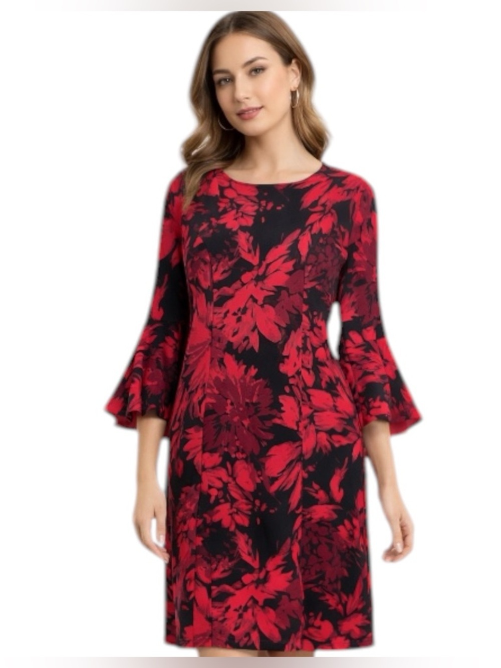 Glamour Red & Black Floral Dress Size 10 Bell Sleeve Lined Stretch